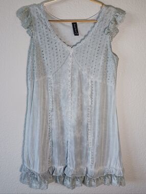 Sacred Threads Muted Blue / Green Sleeveless Mini Dress with Frilly Lace-Trim